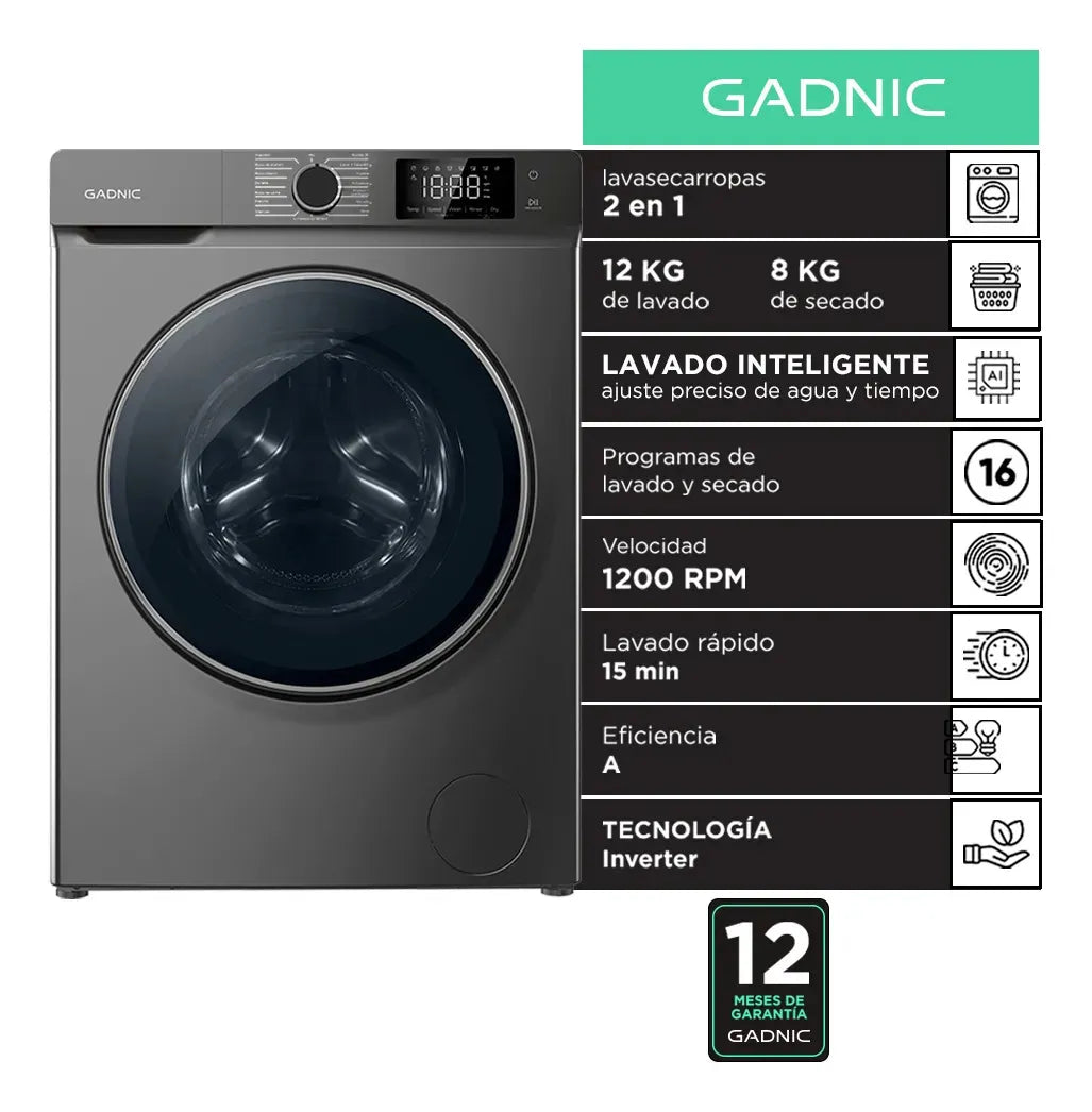 Lavasecarropas Gadnic 12kg Lavado / 8kg Secado 1200RPM Inverter Automático Frontal 1800W - Image 1