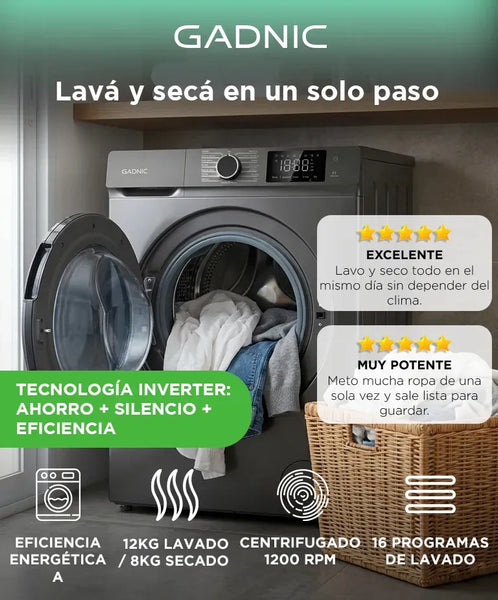 Imagem 2 de 7 de Lavasecarropas Gadnic 12kg Lavado / 8kg Secado 1200RPM Inverter Automático Frontal 1800W